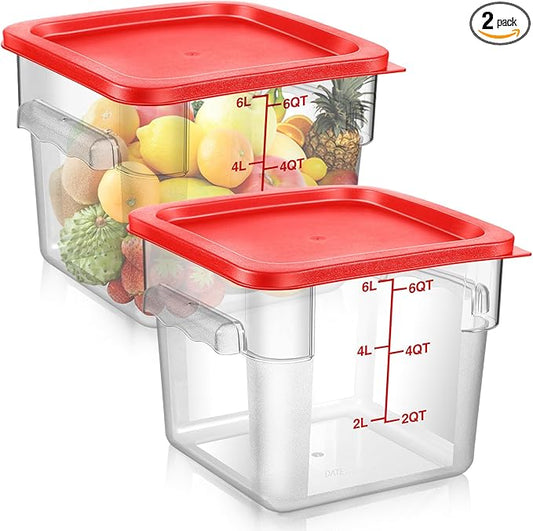 Suclain 2 Pcs Square Food Storage Container Polycarbonate Clear Food Container with Red Lid Commercial Rice Storage with Red Graduations for Commercial Kitchen (6 Qt)