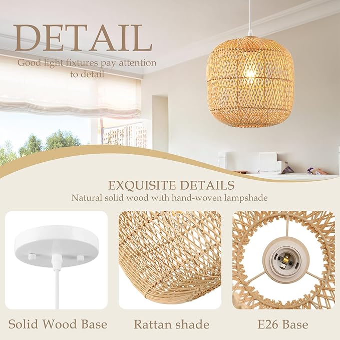Hand-Woven Rattan Pendant Light, 11in Rattan Chandelier Boho Wicker Hanging Lighting Fixture Coastal Pendant Lights for Kitchen Island Dining Room Bedroom Foyer Entrance