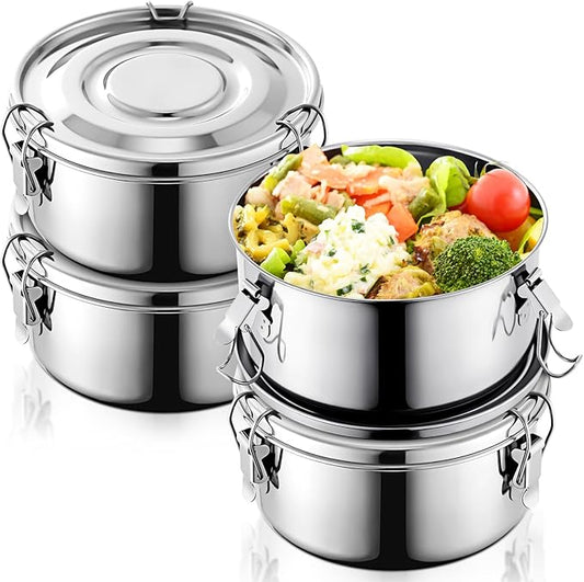 4 Pcs Stainless Steel Bento Box 101 oz Reusable 304 Stainless Steel Food Storage Containers with Lockable Clips to Leak Proof, Dishwasher Safe