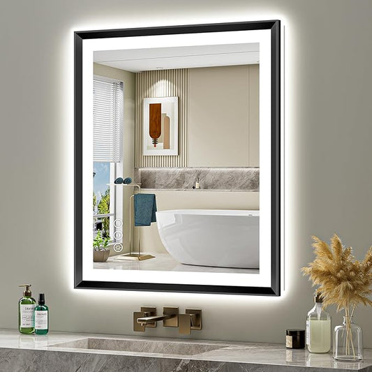 36x32 Black Framed LED Bathroom Mirror with Lights, Backlit and Front Light, Lighted Bathroom Vanity Mirror for Wall Dimmable Anti-Fog Memory Tempered Glass Horizontal/Vertical