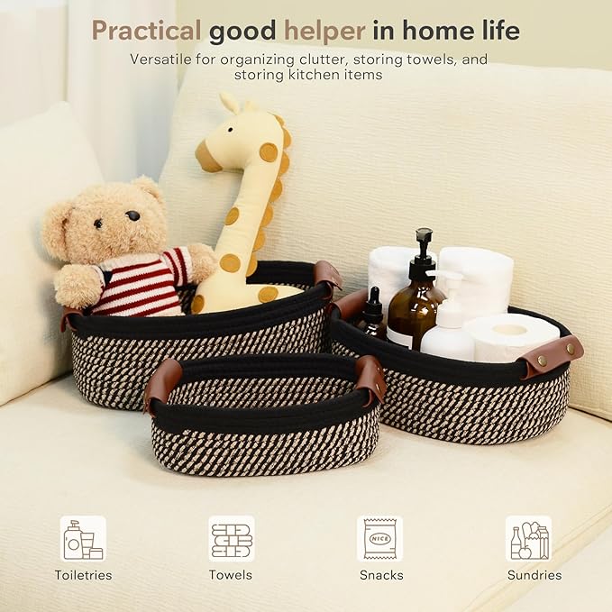 5 Piece Storage Baskets Small Woven Basket with Detachable Leather Handle, Cotton Rope Shelf Baskets for Closet Organizers, Different Sizes Basket Decor, Black Brown