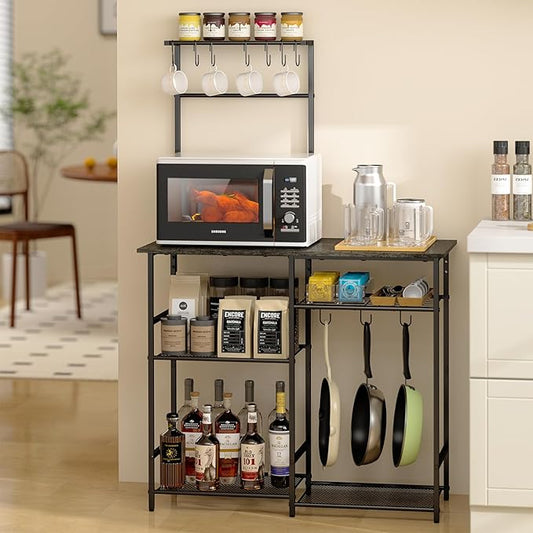 Baker's Rack for Kitchen with Storage, Microwave Stand with Adjustable Shelves, Kitchen Stand with 10 S Hooks, 6-Tier Coffee Bar Station, Storage Shelves for Spices, Pots, Gray