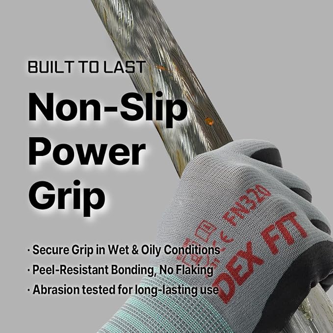 DEX FIT Premium Nylon Nitrile Work Gloves FN320, 3 Pairs, 3D-Comfort Stretchy Fit, Firm Grip, Thin & Lightweight, Durable, Breathable & Cool, Machine Washable; Grey 10 (XL)