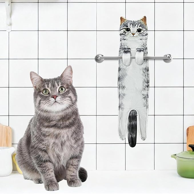 PAT JUUMG Funny Cat Hand Towels for Bathroom Kitchen Decor Towel,Cute Decorative Hanging Face Towels,Super Absorbent Soft, Housewarming Gift,Cat Lovers Gifts for Women (Grey Cat)