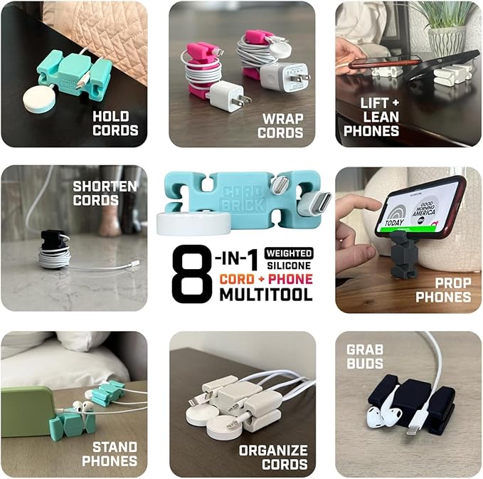 CordBrick Stocking Stuffers for Adults Cord Management Weighted Cord Holder Cable Wrap Phone Stand - Multiuse Gadget Organizer for Nightstand, Desk. Gift for Men, Durable Silicone. 1pk Light Gray