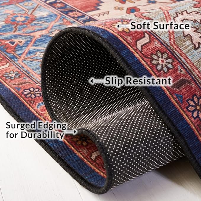 SAFAVIEH Washable Rug Tucson Collection - 2'6" x 4', Rust & Blue, Slip Resistant & Easy to Clean, Ideal for Living Room, Bedroom, Dining Space (TSN153P)