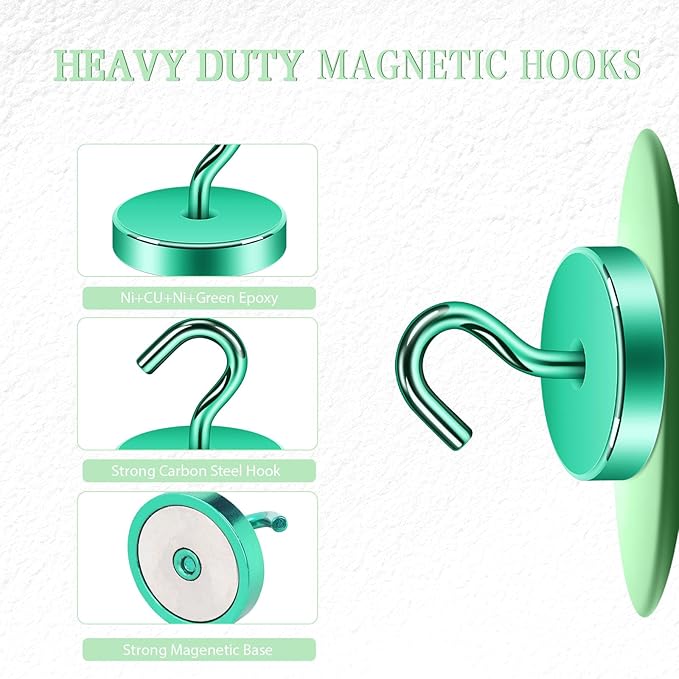 Neosmuk Magnetic Hooks, Heavy Duty 170lb Strong Magnets for Cruise Cabins, Ship Essentials, Large Metal Hooks for Hanging on Fridge(Green,Pack of 4)