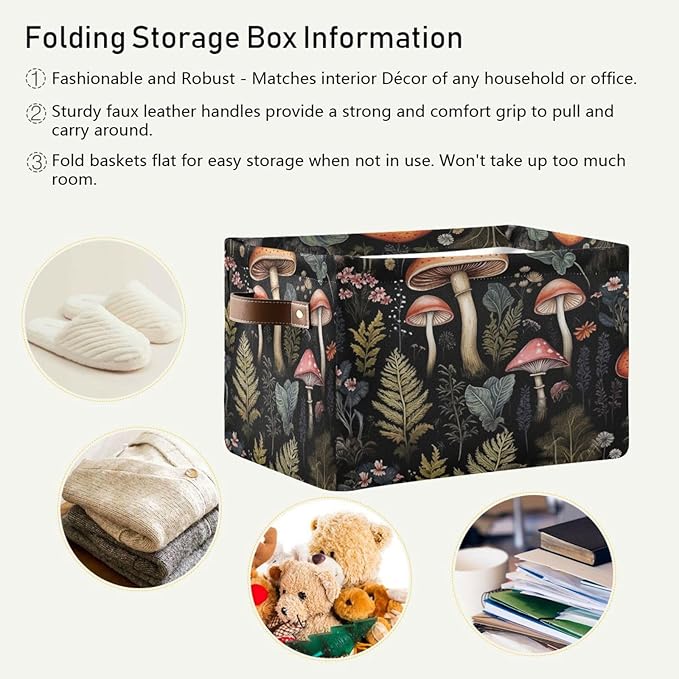Storage Basket Mushroom Rectangular Collapsible Canvas Shelves Storage Bins with Leather Handles for Shelves Home Closet Bedroom Living Room, 2Pack