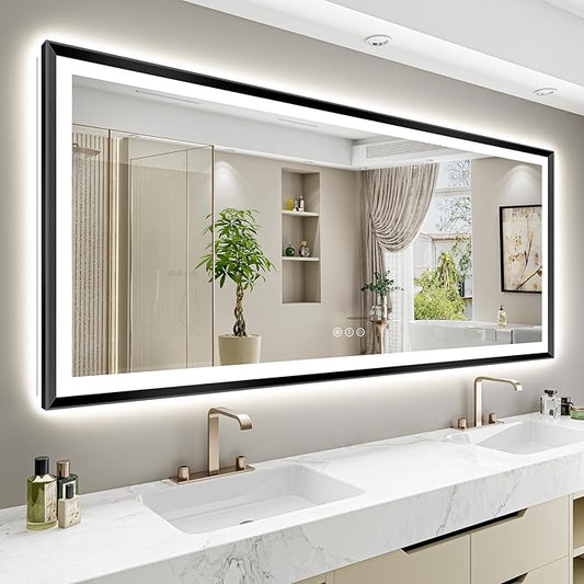 88x38 Black Framed LED Bathroom Mirror with Lights, Backlit and Front Light, Lighted Bathroom Vanity Mirror for Wall Dimmable Anti-Fog Memory Tempered Glass Horizontal/Vertical