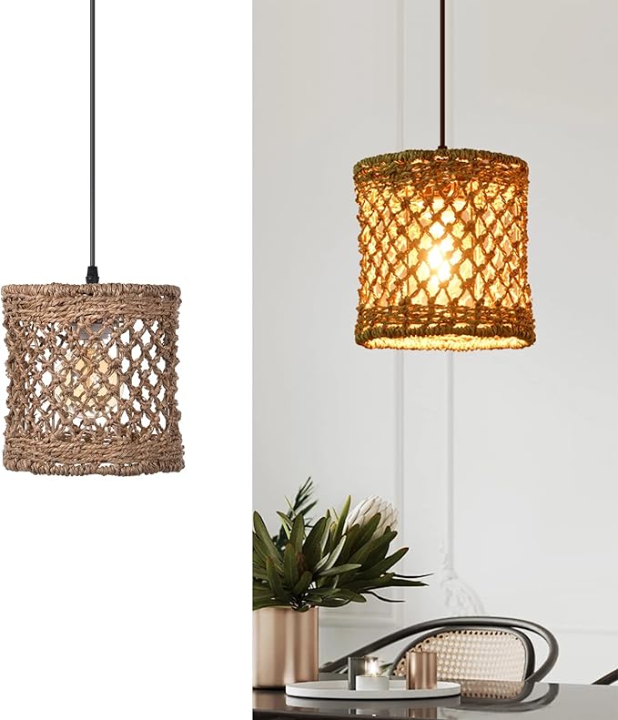 Arturesthome Boho Hand Woven Rattan Pendant Light Fixture, Mini Farmhouse Natural Chandelier Lighting, Retro Wicker Hanging Lamp for Kitchen Island D 7.8″*7.8″