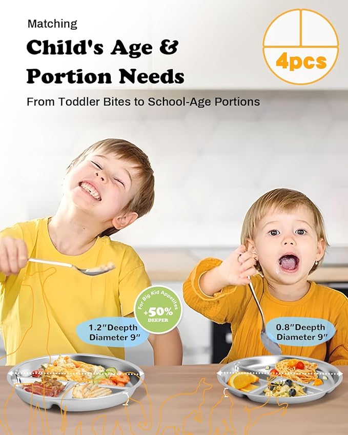 Stainless Steel Kids Plates 4 Packs, Deepened 9" Portion Control Plate Divided Plate for Toddlers Adults Family Bariatric Weight Loss & Diabetic Diet, Non Toxic Unbreakable Dinner Dishes