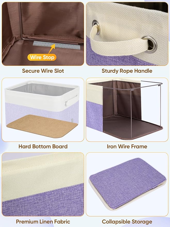 BALEINE 4 Pack Fabric Closet Storage Bins for Shelves, Linen Closet Organizers and Storage, Decorative Baskets for Organizing, Shelf, Clothes, Home, Office (Lavender, 14''x10''x8.5'')