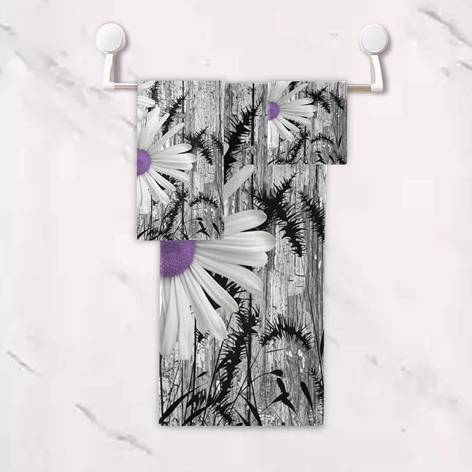 3 Piece Rustic Daisy Bath Towels Set,Microfiber Absorbent Purple Flower Butterfly Grey Barn Farmhouse Towels for Bathroom,1 Bath Towel,1 Hand Towel,1 Washcloth,Decorative Bathroom Towels