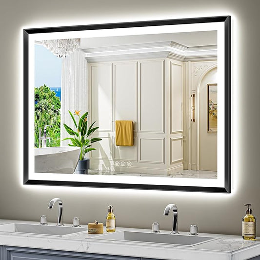 51x36 Black Framed LED Bathroom Mirror with Lights, Backlit and Front Light, Lighted Bathroom Vanity Mirror for Wall Dimmable Anti-Fog Memory Tempered Glass Horizontal/Vertical