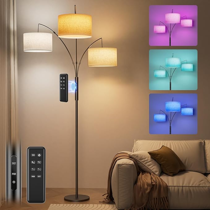 36W RGB Arc Floor Lamp with 3 Fabric Shades, 3000LM Super Bright Standing Lamp with Remote Control & Touch, Stepless Dimming, Individual Light Control for Living Room, Bedroom