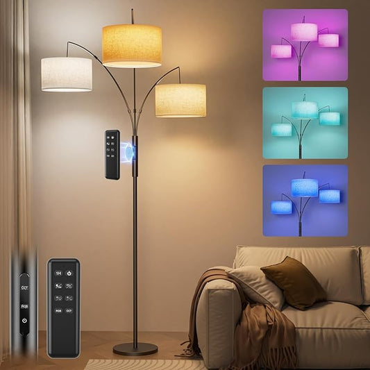 36W RGB Arc Floor Lamp with 3 Fabric Shades, 3000LM Super Bright Standing Lamp with Remote Control & Touch, Stepless Dimming, Individual Light Control for Living Room, Bedroom