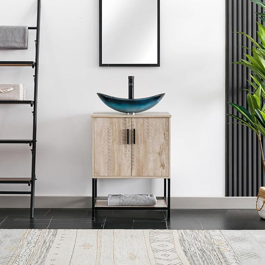 eclife 24" Bathroom Vanity Sink Combo Modern Metal Stand Cabinet W/Bottom Shelf Blue Boat Vessel Sink & Water Save Faucet & Pop Up Drain, Oak (A29BU)