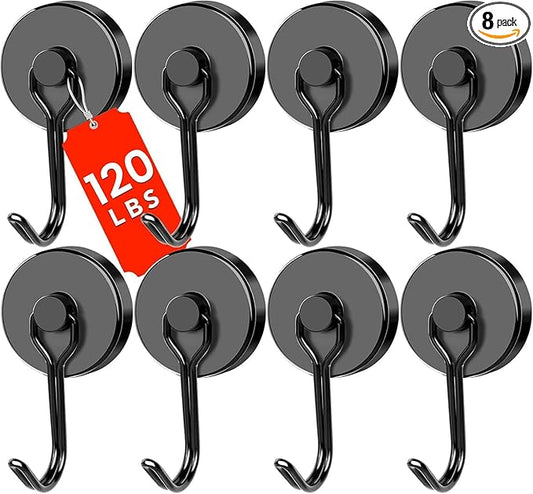 DIYMAG Black Magnetic Hooks, 120LBS Strong Magnetics Heavy Duty, Cruise Ship Essentials Magnets with Metal Hook for Hanging Refrigerator Home Kitchen Office, 8Pack