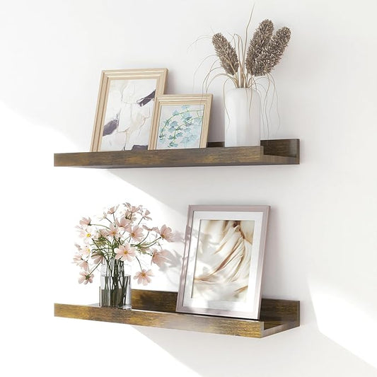 Floating Shelves for Wall Decor, Wall Mounted Wood Storage Shelf for Bedroom, Living Room, Bathroom, Kitchen, Nursery, Rustic Display Picture Ledge Shelf with Lip Set of 2-14 Inches, Brown