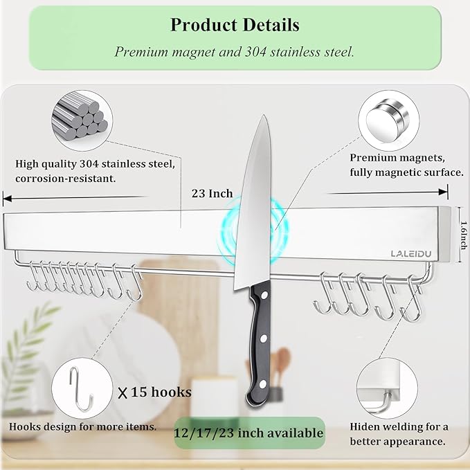 Magnetic Knife Holder for wall, 23 Inch Knife Magnetic Strip with 15 Hooks, Stainless Steel Knife Holder Magnet Rack for Kitchen Organizer, Mount with Adhesive or Screws