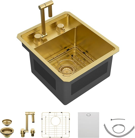 15"x17" Small RV Kitchen Sink – 16 Gauge 304 Stainless Steel Brushed Gold NANO-PVD Undermount Single Bowl Sink with Foldable Faucet, for RV, Camper, Mobile Home, Wet Bar