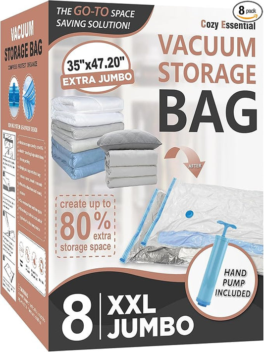 Cozy Essential Vacuum Storage Bags, Compression Space Saver Bags for Clothes, Comforters, Blankets, Pillow, Bedding, Sealer Clothing Storage,8 XXL Jumbo