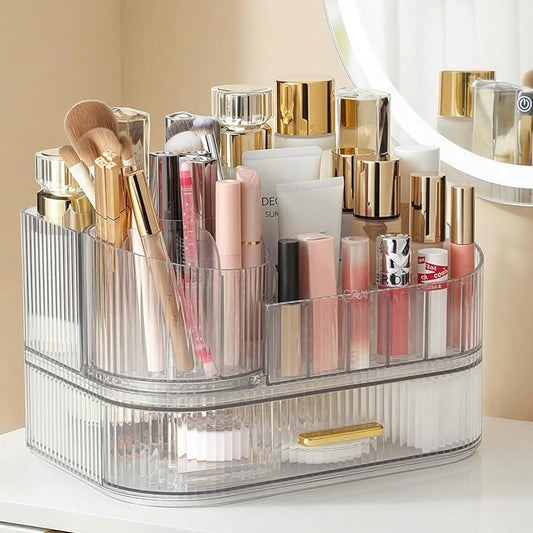 Delamu Makeup Organizer for Vanity with Stackable Drawers, 360 Rotating Makeup Brush Holder Large Cosmetic Display Case, Bathroom Skincare Storage, Crystal Clear, Ideal Christmas Gifts for Girls