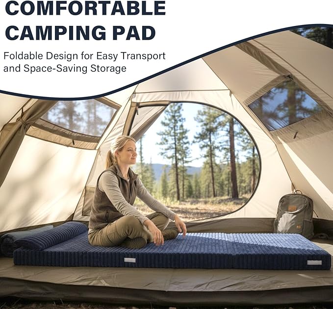 Tiita Folding Sofa Bed Single Size, Convertible Sleeper Chair Mattress with Pillow, Thick Corduroy Floor Mattress Couch Bed with Side Pocket, Guest Room, Dorm, Apartment, Navy