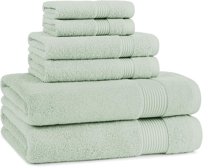 Arkwright Solid 6 Piece Bath Towel Set, 100% Cotton 600 GSM Soft Absorbent Bathroom Towels for Hotel, Spa or Vacation Rental, Eucalyptus Green (2 Bath Towels, 2 Hand Towels, 2 Washcloths)