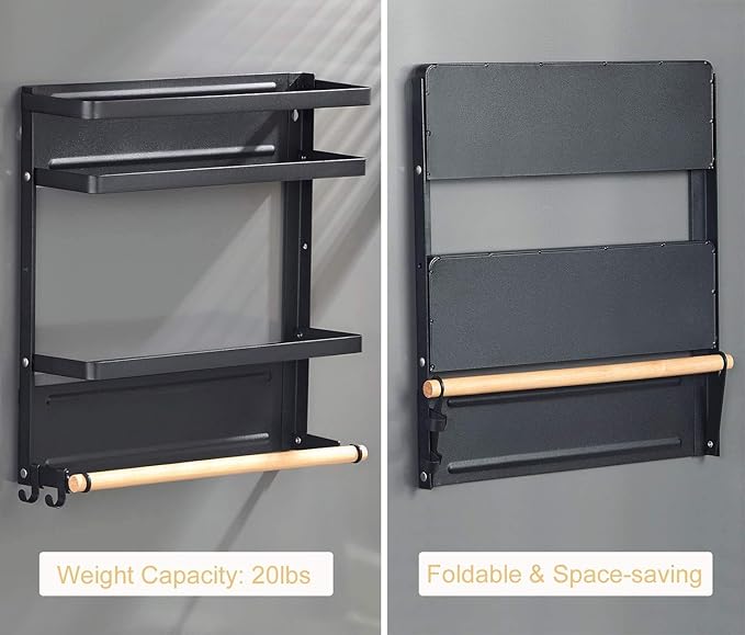 Thipoten Magnetic Spice Rack, 2-in-1 Foldable Strong Magnetic Shelf with Paper Towel Holder, Perfect Space Saver for Small Kitchen/Apartment, Easy to Install on The Side of Refrigerator(2 Tier, Black)