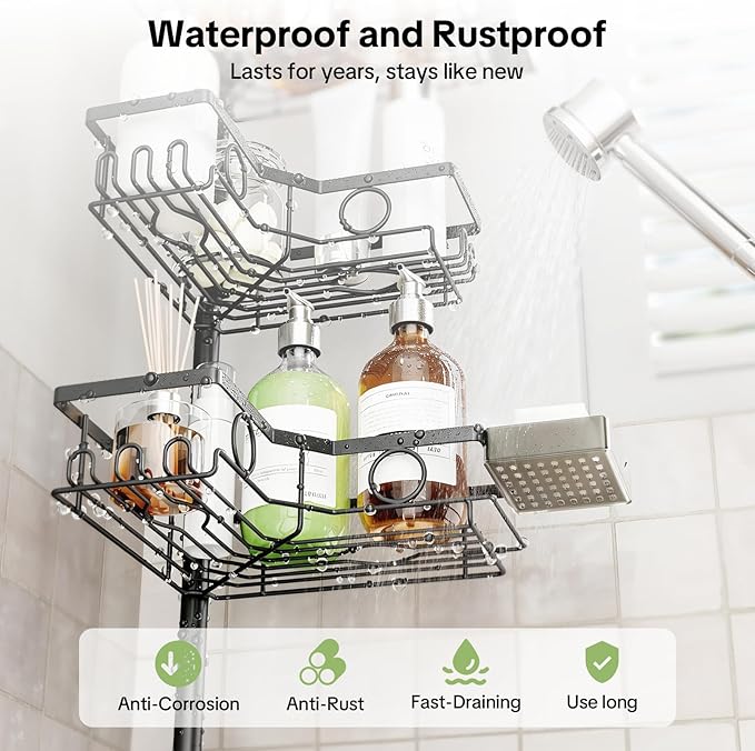 Corner Shower Caddy Tension Pole, 4 Tier Rustproof Shower Tension Rod Organizer with Soap Holder & Hooks, Adjustable 30-121 Inch Bathroom Shelf for Renters - Family Stand Storage Rack, Black