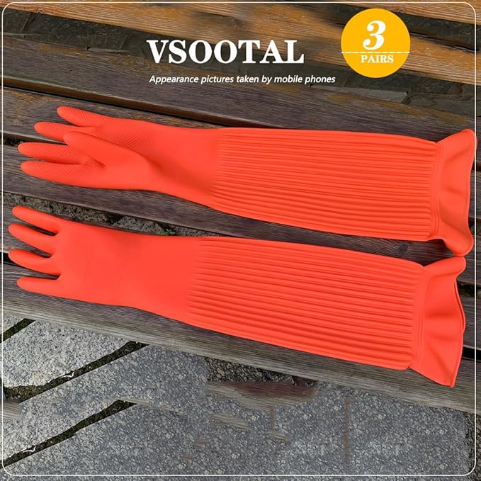 3 Pairs Household Extra Long Kitchen Gloves for Washing Dishes，20.05inches Rubber Cleaning Gloves，Reusable Latex Living Wash Gloves，Long Sleeves(Large, Red)
