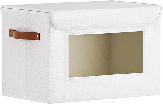 Fabric Storage Basket with Lid, 13 x 9.1 x 7.9 Inch Storage Box for Shelves with Handles, Decorative Linen Closet Organizer, White, 1-Pack