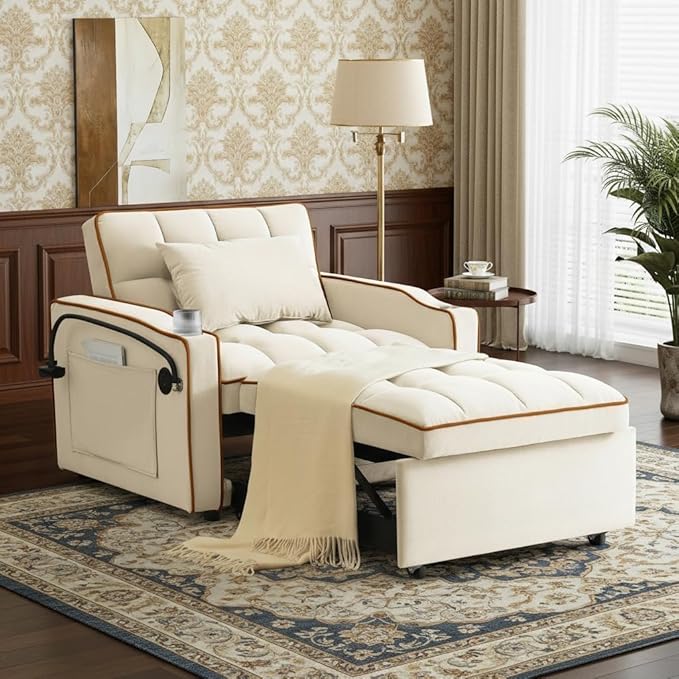 Convertible Sleeper Chair, Chairs Bed Sleepers for Adults, Pull Out Chair Sleeper with Bracket and Cup Holder, 3 in 1 Sofa Bed Chairs for Small Spaces, Living Room, White
