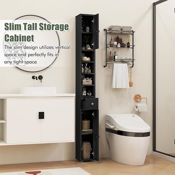 GOFLAME 71” Tall Bathroom Storage Cabinet, Narrow Freestanding Organizer with 1 Drawer, 2 Doors & 5 Open Shelves, Slim Bathroom Cabinet for Small Space, 8" x 8" x 71", Black