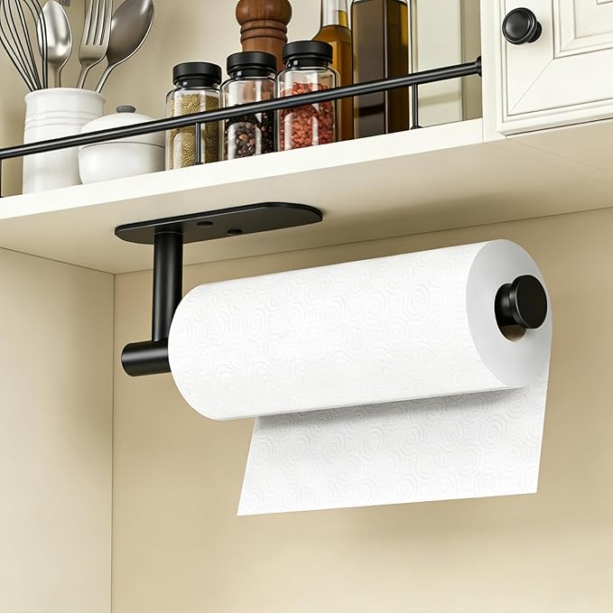 HUFEEOH Adhesive Paper Towel Holder Under Cabinet Wall Mount for Kitchen Paper Towel, Stainless Steel Paper Towel Roll Rack for Bathroom Towel (13inch, Black)