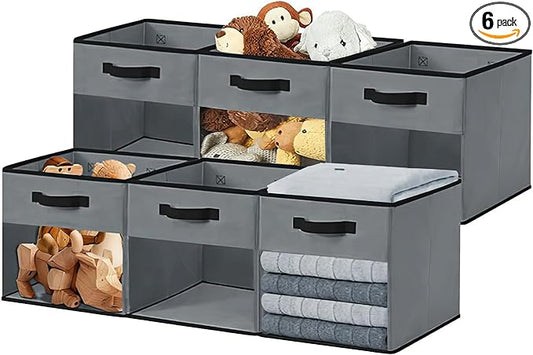 DECOMOMO Storage Cubes, 13 inch Cube Storage Bins with Window, Fabric Organizer Bins (13" / 6pcs, Grey)
