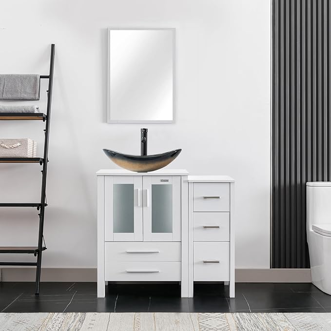 eclife 36" Modern Bathroom Vanity Sink Combo Freestanding Cabinet with Small Side Cabinet, Champagne Boat Glass Vessel Sink, Water Save Faucet, Drain (White+A29CH)