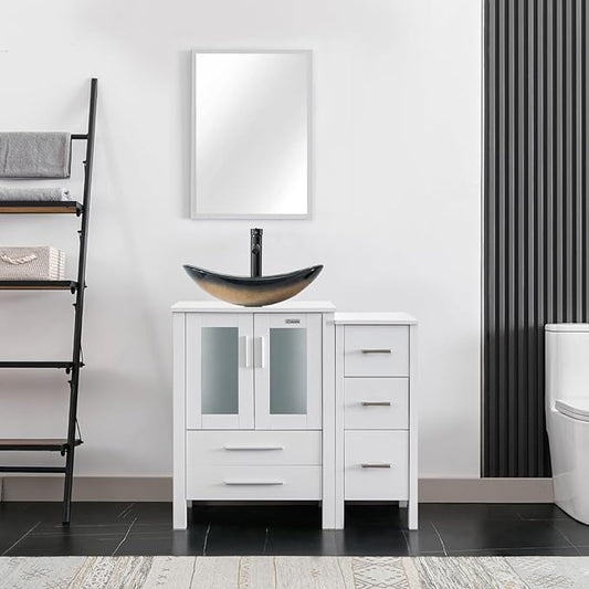 eclife 36" Modern Bathroom Vanity Sink Combo Freestanding Cabinet with Small Side Cabinet, Champagne Boat Glass Vessel Sink, Water Save Faucet, Drain (White+A29CH)