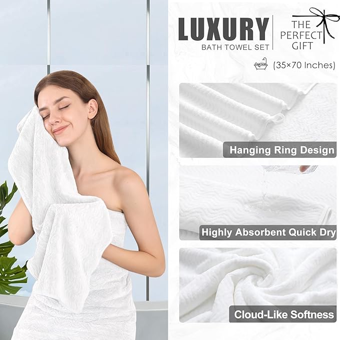 8 Piece Bath Towel Set White — 2 Oversized Large Bath Sheet,2 Hand Towels,4 Washcloths — Ultra Soft Cozy Bath Towel Set for Bathroom Hotel Gym Spa,Highly Absorbent & Quick Dry Bathroom Towel Collections