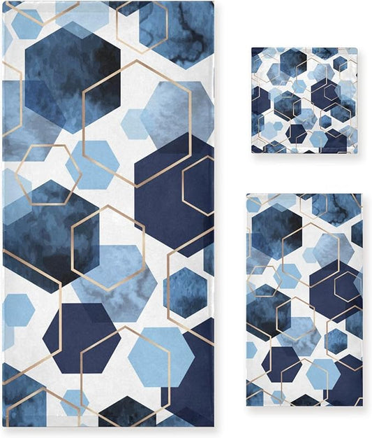 Navy Blue Geometric Bath Towels Set,Ultra Soft 3 Piece Modern Art Sky Blue Abstract Towels for Bathroom,1 Bath Towel 1 Hand Towel 1 Washcloth,Absorbent Quick Dry Decoractive Bathroom Towels