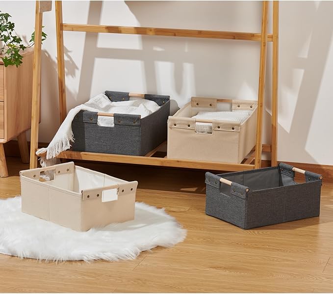 2PCS Storage Bins Cotton Linen Fabric Storage Boxes Basket with Wooden Handles Foldable Washable Decorative Shelf Container Clothes Organizer Home Laundry - Medium Size, Gray