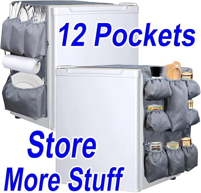 12 Pocket Mini Fridge Organizer, Over the Fridge Storage Organizer, Dorm Room Essentials for College, Office, Dorm Accessories (Gray)