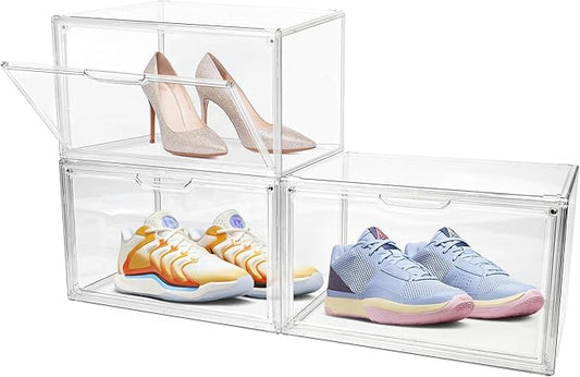 3 Pack Clear Acrylic Sneaker Shoe Display Case,Shoe Storage Boxes Stackable,Acrylic Boxes for Shoes Display with Lid,Boot Storage Organizer for Tall Boot,Purse Handbag Organizer for Closet