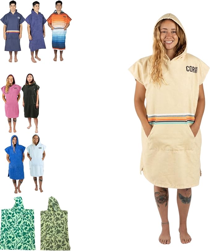 COR Surf Poncho Changing Towel Robe with Hood and Front Pocket — Thick Quick Dry Microfiber Wetsuit Poncho Towel for Surfing Beach Pool Swim (Medium - Retro Sand)