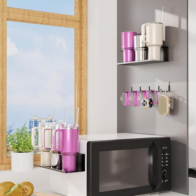Magnetic Cup Holder for Stanley 40 & 30 oz Tumbler Organizer with 6 Slots and Hanging Hooks, Magnetic Fridge Water Bottle Organizer for Tumblers, Cups and Bottles – 3-Pack Black
