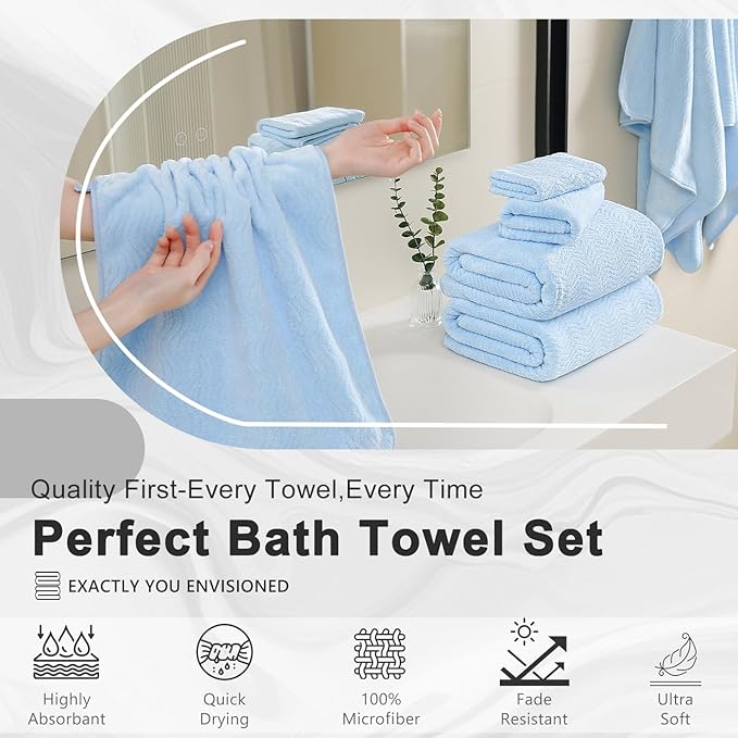 8 Piece Bath Towel Set Blue — 2 Oversized Large Bath Sheet,2 Hand Towels,4 Washcloths — Ultra Soft Cozy Bath Towel Set for Bathroom Hotel Gym Spa,Highly Absorbent & Quick Dry Bathroom Towel Collections
