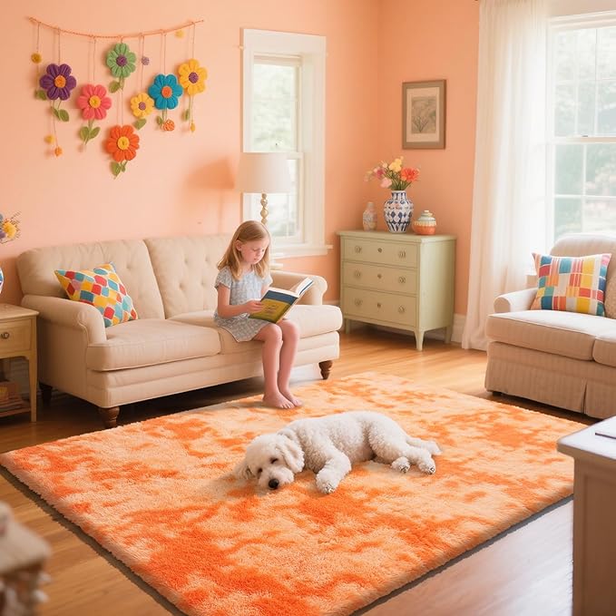 Mottling Orange Fluffy Rug Shaggy Area Rug, 2x4 Area Rugs for Girls Bedroom, Soft Cute Baby Play Mat, Indoor Floor Carpet for Teen, Nursery, Preppy Dorm, Plush Aesthetic Bedside Rug