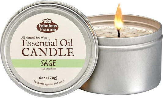 Fabulous Frannie Pure Sage Candles for Cleansing House Chakra Healing All Natural Aromatherapy Soy Candle Travel tin Made with Pure Essential Oils 100 Hours Burn time 6oz