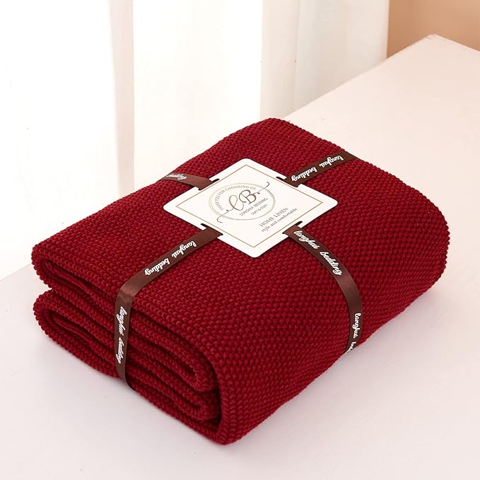 Longhui bedding Burgundy Cotton Cable Knit Throw Blanket for Couch Sofa Chair Bed Home Decorative, 2.5 Pounds 50 x 60 Inch Woven Throw Blankets with Bonus Laundering Bag